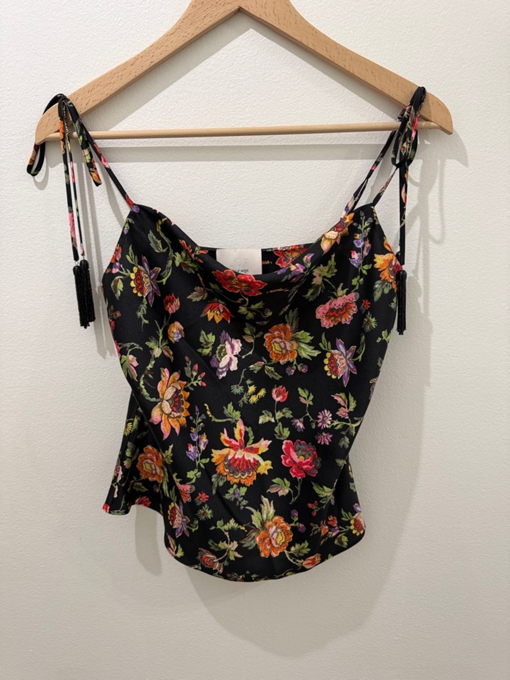 cinq a sept Black Floral Tie-Shoulder Cowl Neck Camisole